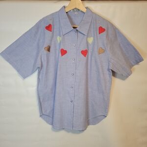 Vintage ♥️Hearts Patches & Embroidery Button Down Chambray Shirt
